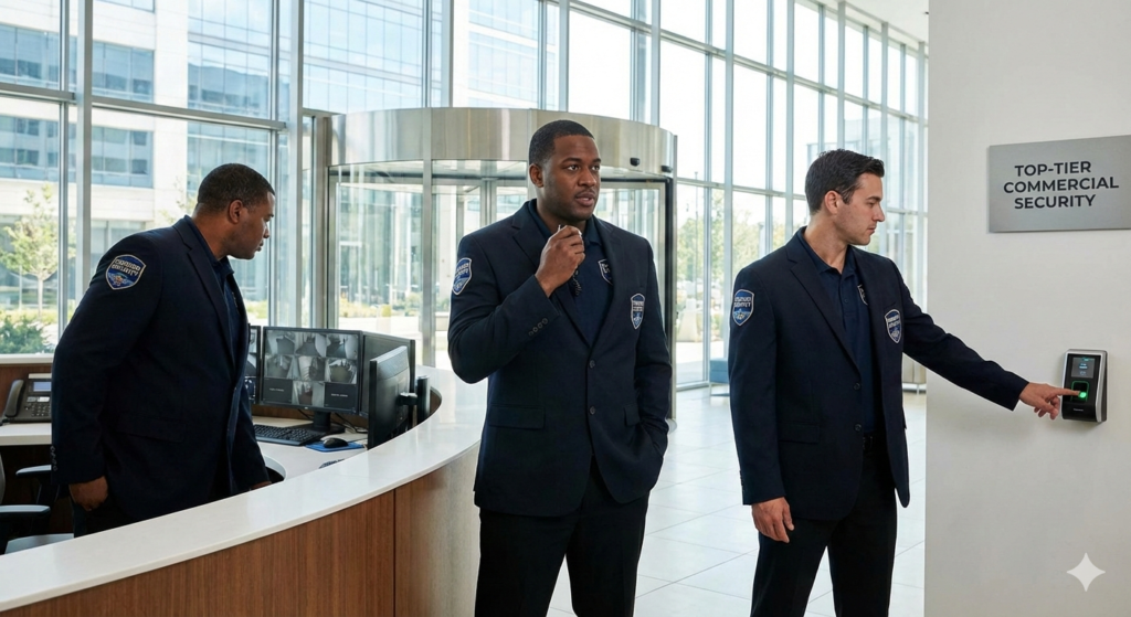 Three commercial security guards monitoring a modern office lobby with access control.